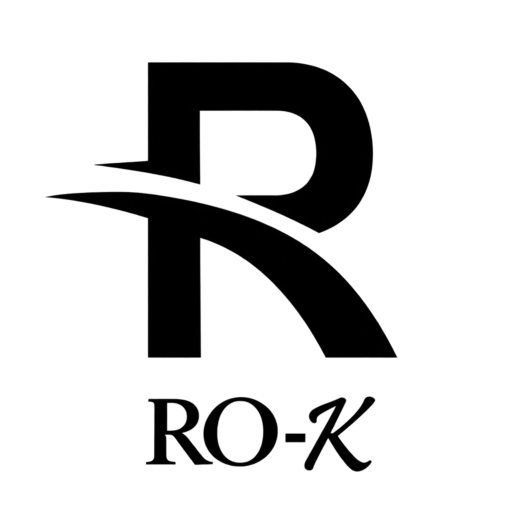 logotipo monograma r con swoosh y texto ro k